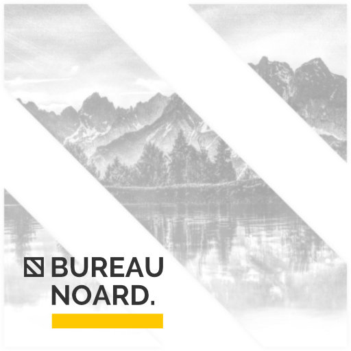 Het beeldmerk van Bureau Noard over een berglandschap, uit de beginjaren van het bureau